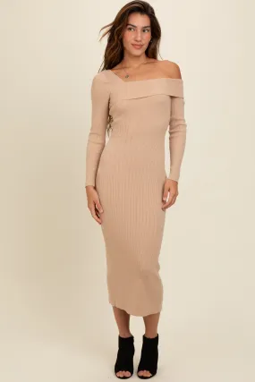 Beige Foldover One Shoulder Maxi Sweater Dress